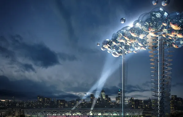 Картинка шары, Лондон, башня, Великобритания, Проект, лучи света, стадион, Олимпийские игры 2012