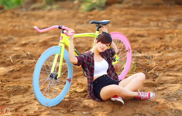 Картинка лето, девушка, велосипед, азиатка