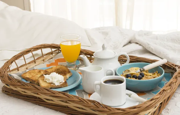 Кофе, сок, хлеб, тосты, breakfast, завтрак в постель, апельсиновый, овсянка