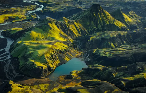 Солнце, горы, озеро, панорама, Iceland