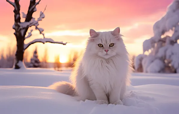 Зима, поле, кошка, белый, небо, кот, взгляд, облака