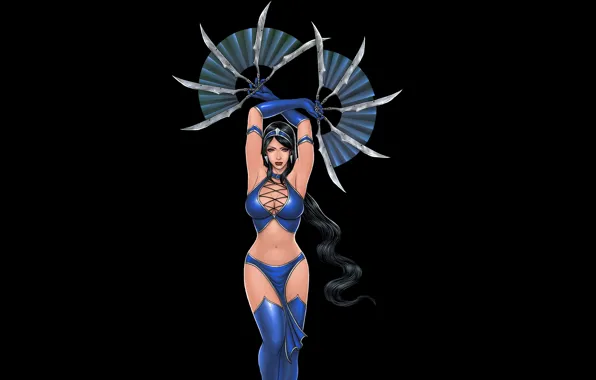 Девушка, веер, черный фон, mortal kombat, китана, kitana