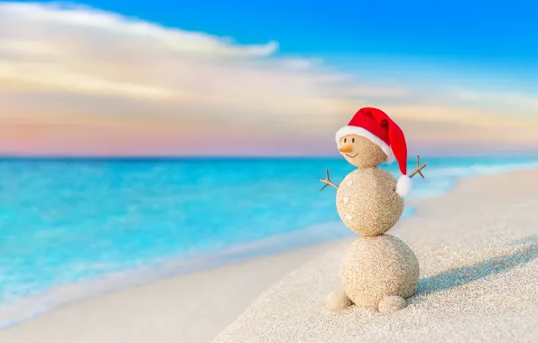 Картинка песок, море, пляж, Новый Год, Рождество, снеговик, happy, Christmas