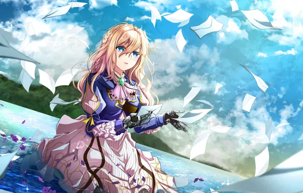 Девушка, озеро, киборг, Violet Evergarden, пистма