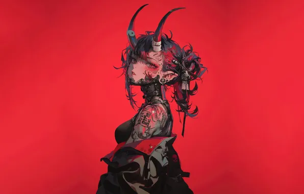 Anime, Tattoo, Horn, Red Background, Cyberpunk, Anime Girl, AI Art, AI Generated