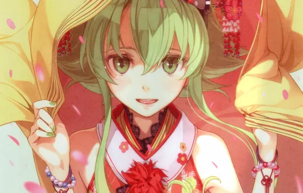 Украшения, прическа, кимоно, vocaloid, зеленые волосы, art, hidari, gumi megpoid
