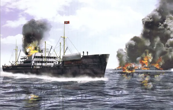 Море, огонь, дым, рисунок, корабли, арт, эсминец, WW2