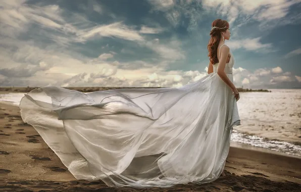 Картинка море, платье, азиатка, невеста