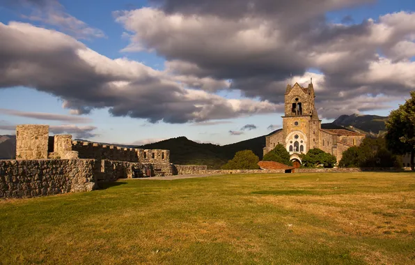 Картинка grass, clouds, hills, ruin, church