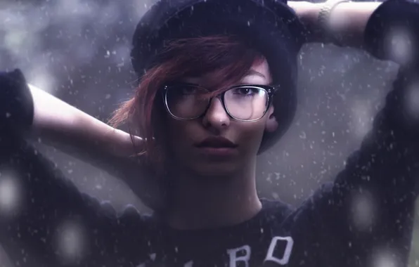 Картинка девушка, снег, шапка, очки, girl, photo, photographer, свитер