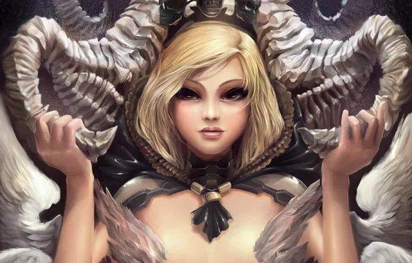 Картинка взгляд, девушка, фантастика, крылья, ангел, рога, черепа