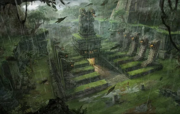Картинка трава, листья, деревья, драконы, джунгли, храм, ловушка, lara croft