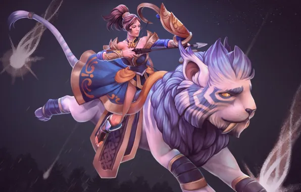 Девушка, звезда, лучница, арт, зверь, Dota 2, Mirana, Princess of the Moon