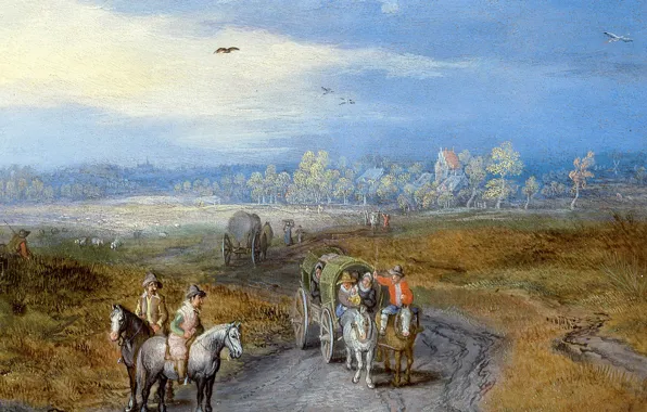 Картинка дорога, картина, повозка, всадники, Пейзаж с Путниками, Ян Брейгель старший