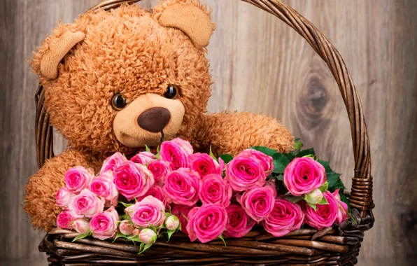 Картинка корзина, розы, букет, мишка, bear, pink, flowers, romantic