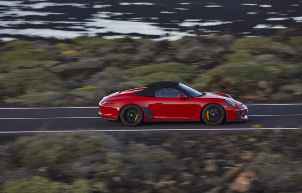 Красный, скорость, 911, Porsche, сбоку, Speedster, 991, 2019