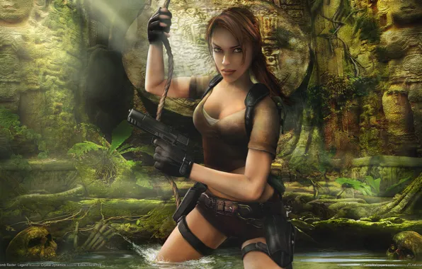 Картинка девушка, оружие, джунгли, иероглифы, черепа, пещера, guns, girl