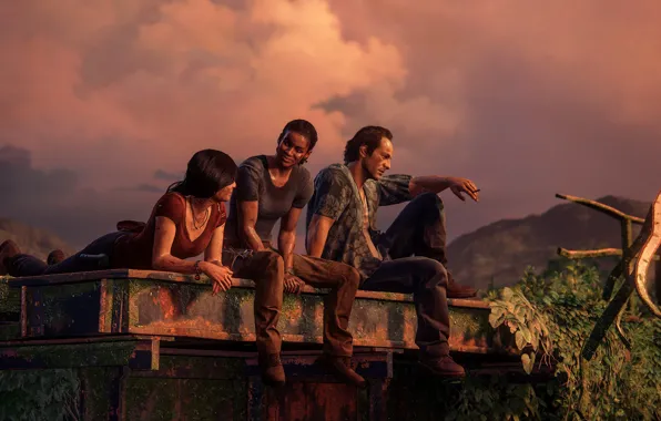 Девушки, вечер, мужчина, трое, персонажи, Uncharted: The Lost Legacy