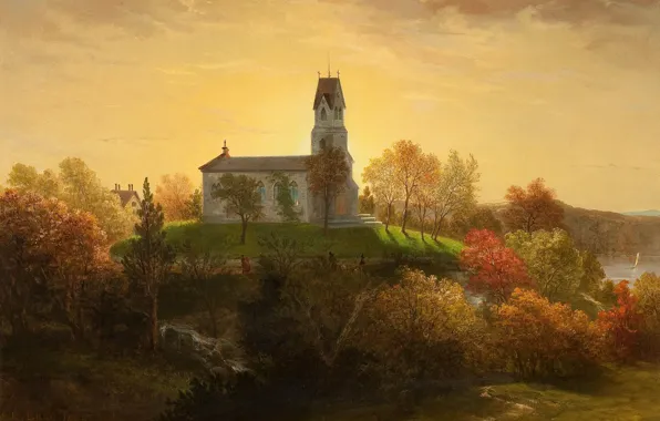 Город, река, картина, живопись, painting, костел