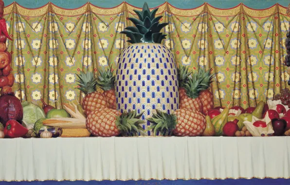 Картинка лимон, яблоки, кукуруза, лук, виноград, баклажан, тыква, натюрморт