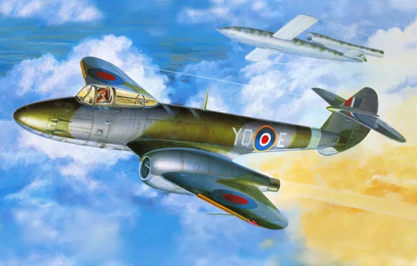 Картинка самолет, истребитель, арт, aircraft, реактивный, британский, первый, F-1