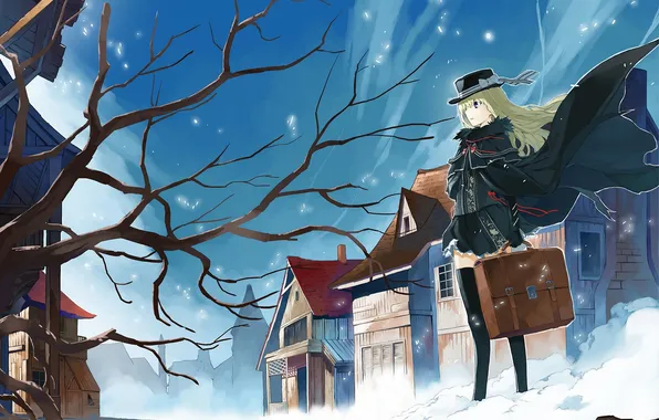Зима, девушка, снег, дерево, дома, шляпа, аниме, арт