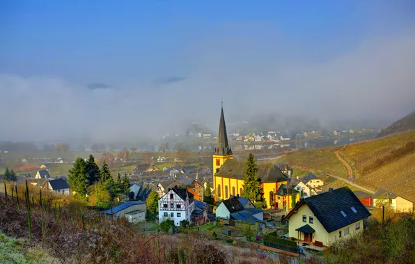 Картинка небо, облака, город, туман, фото, дома, Германия, Sinsheim