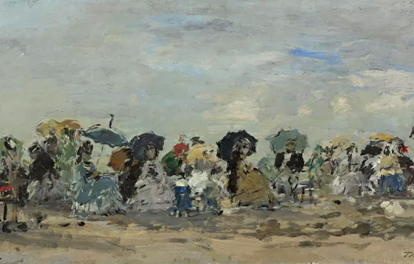 Картинка зонтик, люди, отдых, картина, Эжен Буден, На пляже в Трувиле