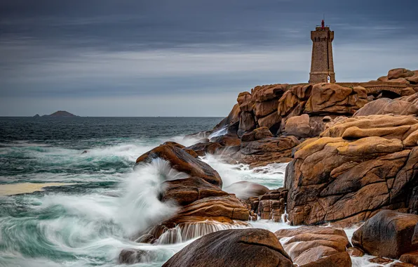 Waves, sea, coast, France, rocks, lighthouse, long exposure