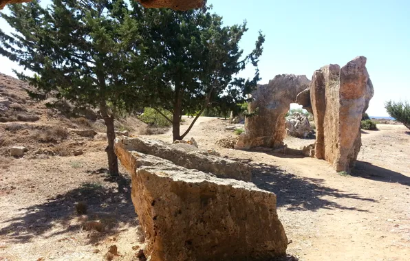 Солнце, Дерево, Руины, Кипр, Cyprus, Пафос, Гробницы Королей