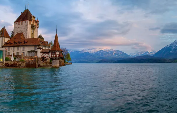Картинка горы, озеро, замок, Швейцария, Альпы, Switzerland, Alps, Lake Thun