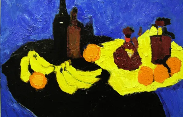 Картинка вино, апельсины, бананы, натюрморт, коньяк, 2007, Петяев