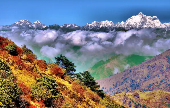 Картинка осень, облака, горы, Индия, Гималаи, India, Западная Бенгалия, West Bengal