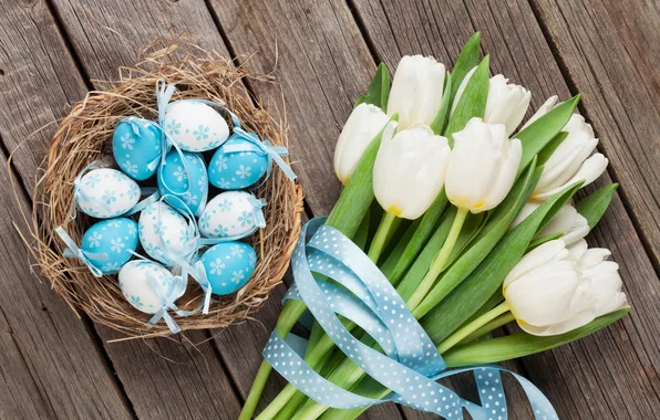 Цветы, яйца, весна, Пасха, white, happy, wood, blue