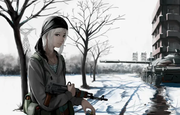 Картинка girl, gun, weapon, war, anime, snow, blonde, rifle