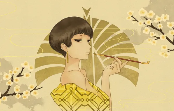 Картинка грудь, взгляд, девушка, цветы, трубка, прическа, кимоно
