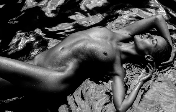 Black&white, girl, wet, breast, water, nude, nippels