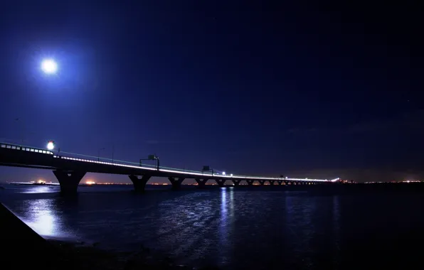Картинка свет, ночь, мост, город, огни, луна, light, moon