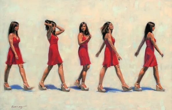 Картинка девушка, красное, картина, платье, брюнетка, арт, походка, Gavin Glakas