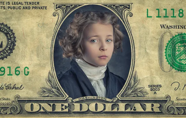 Портрет, девочка, купюра, Just one little dollar
