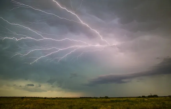 Поле, облака, буря, освещение, горизонт, storm, field, clouds