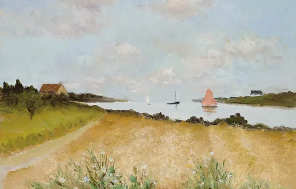 Картинка поле, пейзаж, лодка, картина, залив, парус, Марсель Диф, Wheat at Crouesty