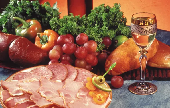 Картинка укроп, виноград, мясо, glass, овощи, петрушка, колбаса, рюмка