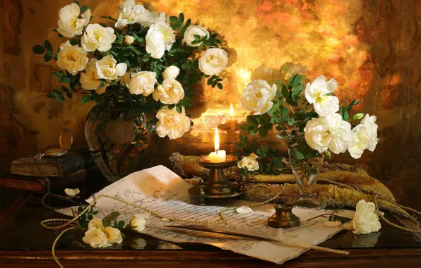 Картинка перо, розы, свеча, натюрморт, рукопись, чернильница