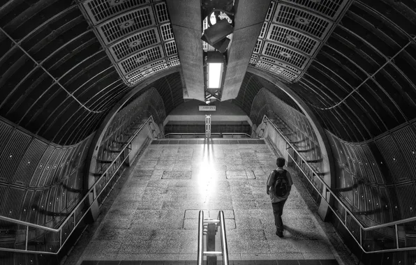 Light, underground, man, subway, stairs