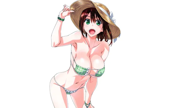 Girl, sexy, cleavage, green eyes, hat, brown hair, boobs, anime