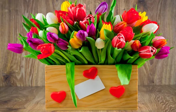 Картинка букет, colorful, тюльпаны, love, fresh, wood, flowers, romantic