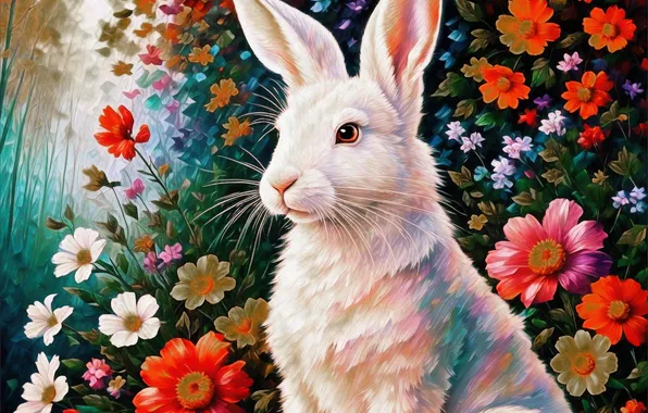 Белый, взгляд, цветы, поза, кролик, живопись, мордашка, зайчик
