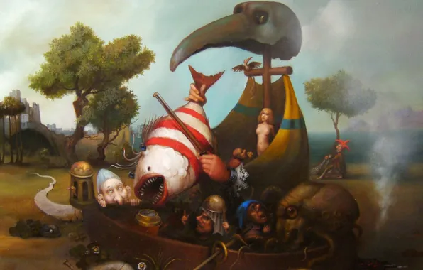 Картинка лодка, рыба, вёсла, Сюрреализм, Лазарев И.А, Засуха