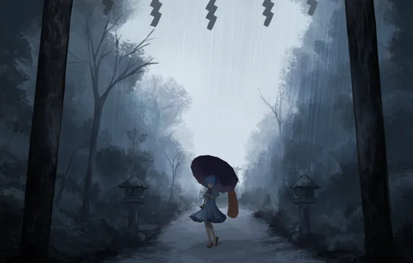 Картинка одиночество, ливень, tatara kogasa, под зонтом, проект Восток, мрачное место, туман вечером, touhou project